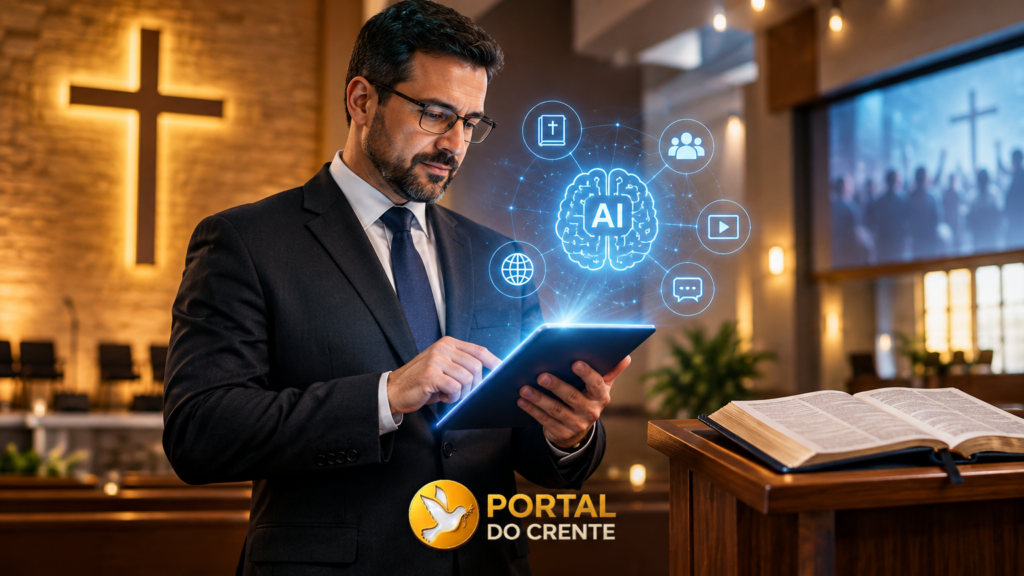 imagem realista que demonstra o uso da Inteligência Artificial na Igreja