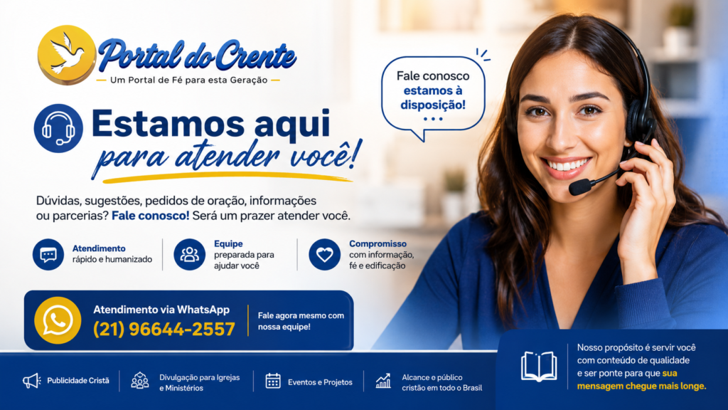 Página de contato do Portal do Crente com atendimento via WhatsApp, pedidos de oração, parcerias e publicidade cristã para igrejas, ministérios e empresas.
