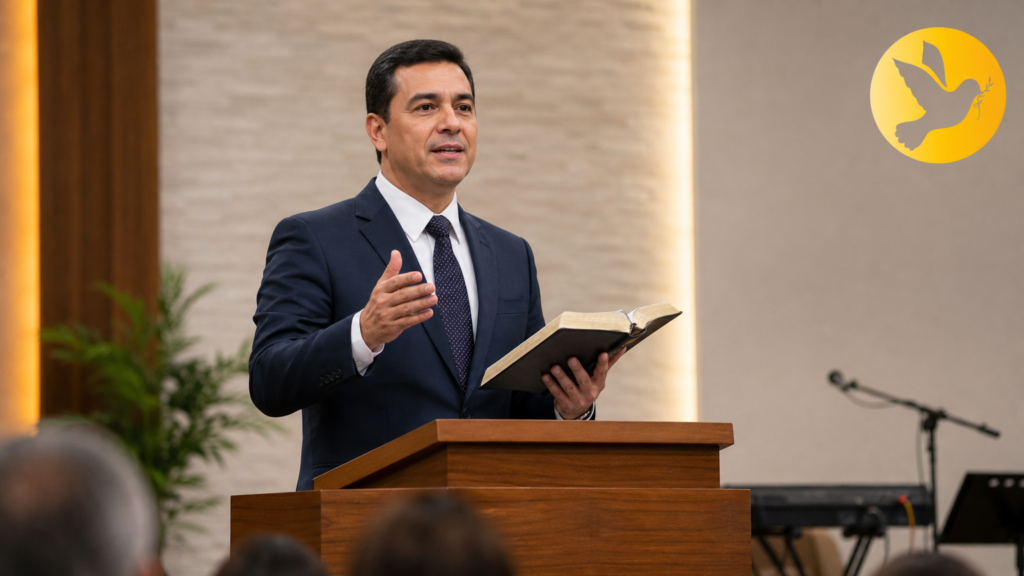 Pastor ministrando em celebração ao Dia do Pastor Evangélico.