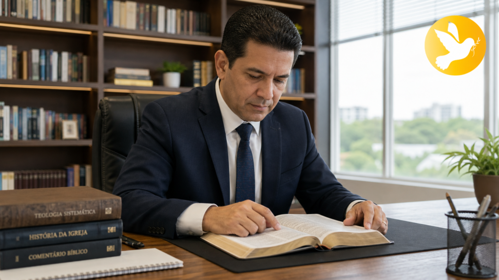 Pastor evangélico estudando a Bíblia Sagrada em seu escritório, refletindo o Ministério Pastoral.