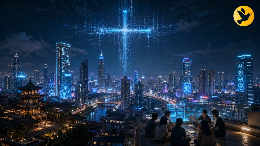 Cidade futurista asiática iluminada com uma cruz, representando o avanço de missões e tecnologia