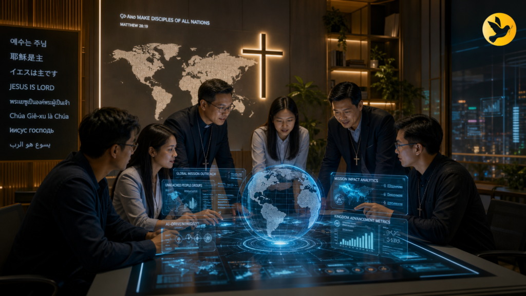 Grupo de líderes cristãos asiáticos analisando dados globais projetados em uma mesa de conferência tecnológica com uma cruz iluminada ao fundo, representando missões e tecnologia.