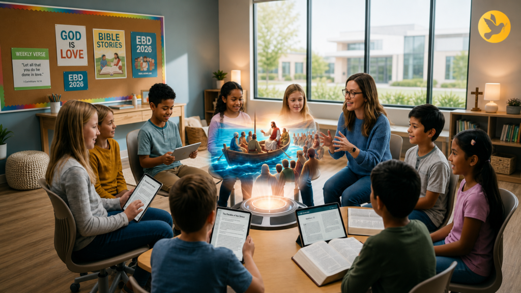 Professora conduzindo uma aula dinâmica com tecnologia e tablets, ilustrando a inovação da Educação Cristã na era digital.
