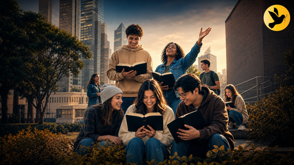 Grupo de jovens da Geração Z reunidos lendo livros e a Bíblia em uma praça, ilustrando a busca pela fé. O Boom Bíblico