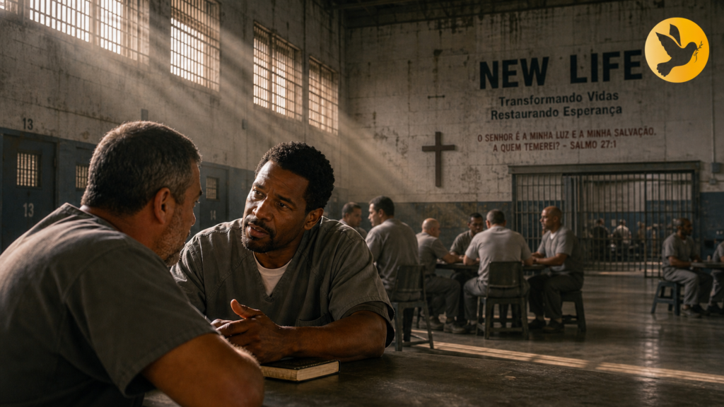 Evangelismo no sistema prisional através de ações sociais e cultos com detentos.