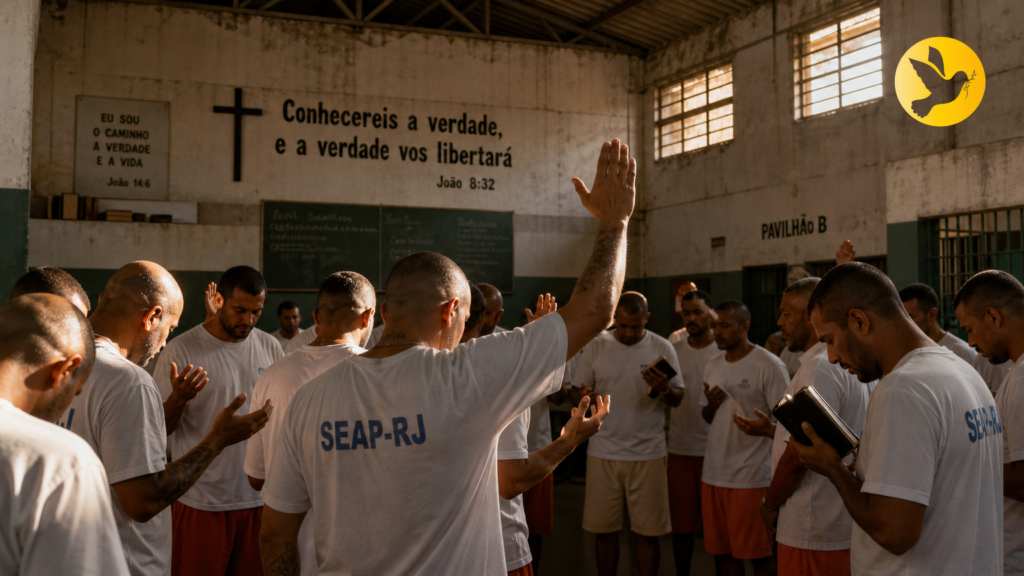 Reunião de evangelismo no sistema prisional com detentos usando uniforme do SEAP-RJ orando e segurando bíblias.