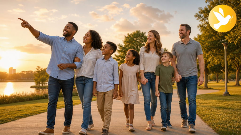 Famílias cristãs felizes caminhando em um parque ao pôr do sol, simbolizando liberdade financeira e esperança através da Educação Financeira Bíblica. No canto superior direito, o logotipo do Portal do Crente."