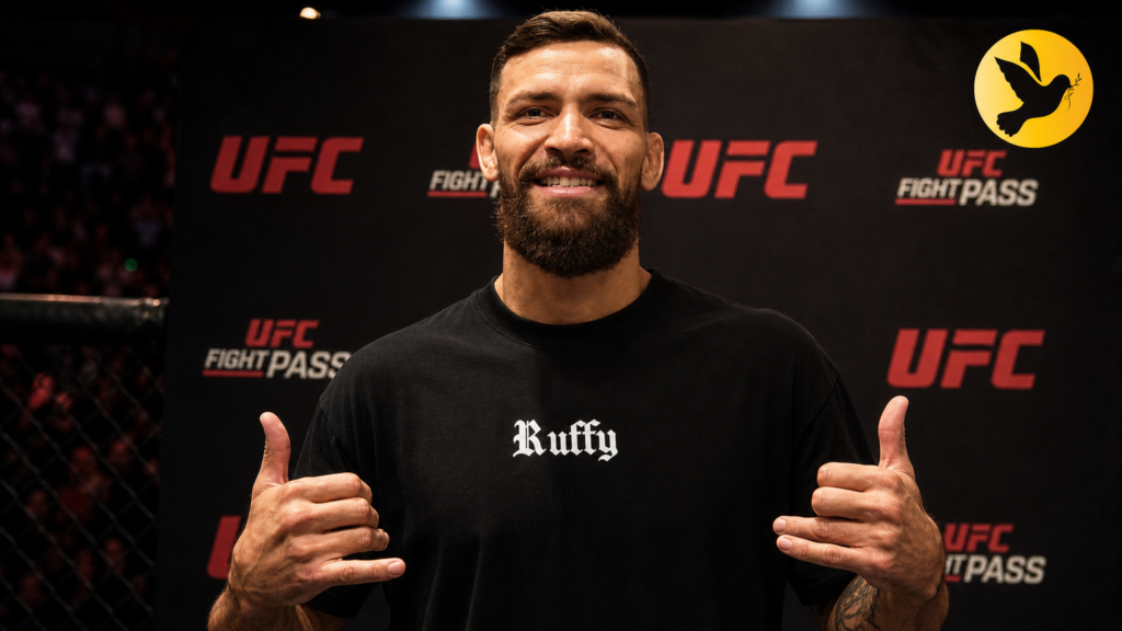 Lutador Maurício Ruffy sorrindo com camiseta preta em evento do UFC