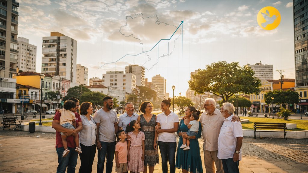 Gráfico mostrando linha de crescimento evangélico sobre o mapa do Brasil com fundo de cidade e pessoas