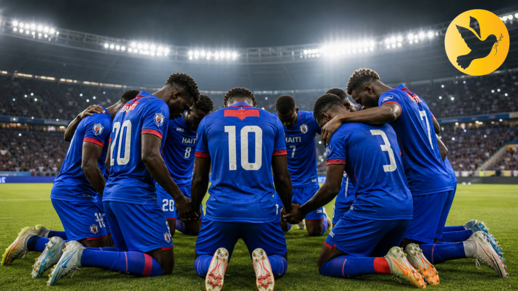 Jogadores da seleção do Haiti ajoelhados em oração no gramado, representando a fé nos bastidores da Copa do Mundo 2026.