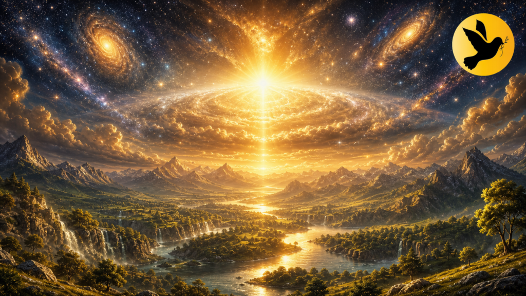 cena majestosa que transmite a soberania e primazia de Deus — cosmos, luz dourada e paisagem serena