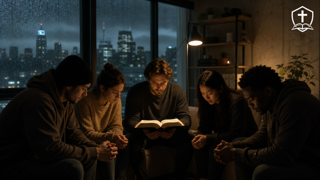 Cristãos abrigados buscando a Palavra de Deus
