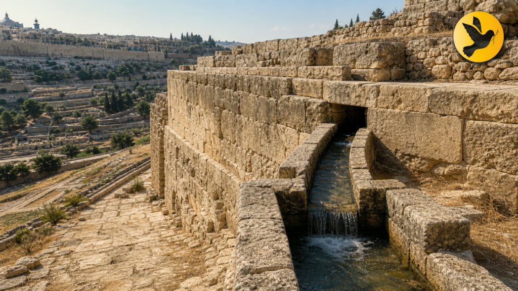 Reconstrução arqueológica da represa do Rei Joás no Tanque de Siloé, Jerusalém, mostrando engenharia hidráulica bíblica