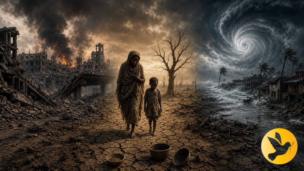 Representação visual conceitual de crises globais e caos mundial em contraste com a mensagem bíblica de paz e esperança em tempos difíceis.