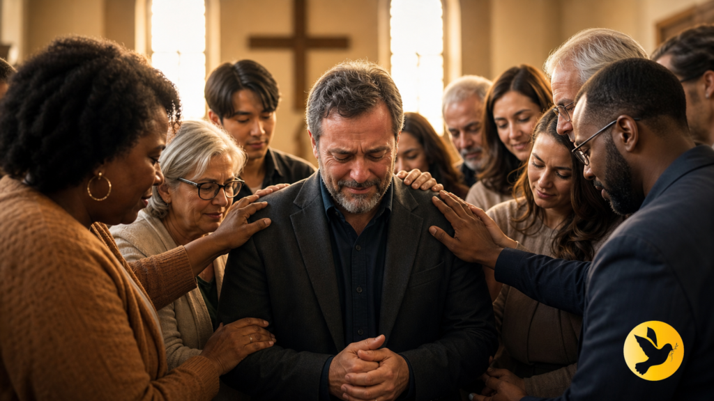 A imagem de um pastor cercad de pessoas, mas sentindo a solidão como um dos sintomas do Burnout pastoral.