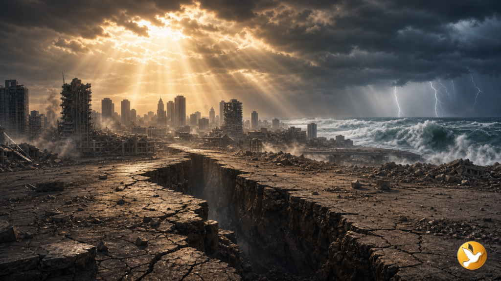 Imagem realista que representa terremotos e catástrofes naturais como sinais do arrebatamento.