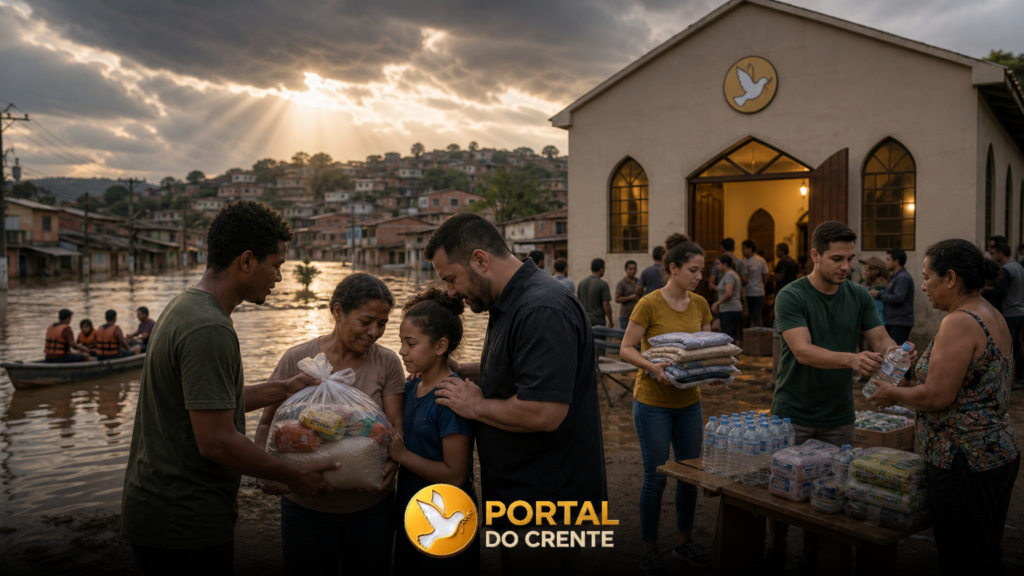 Imagem realista que demonstra o trabalho da igreja ajudando famílias em meio as mudanças climáticas no Brasil.