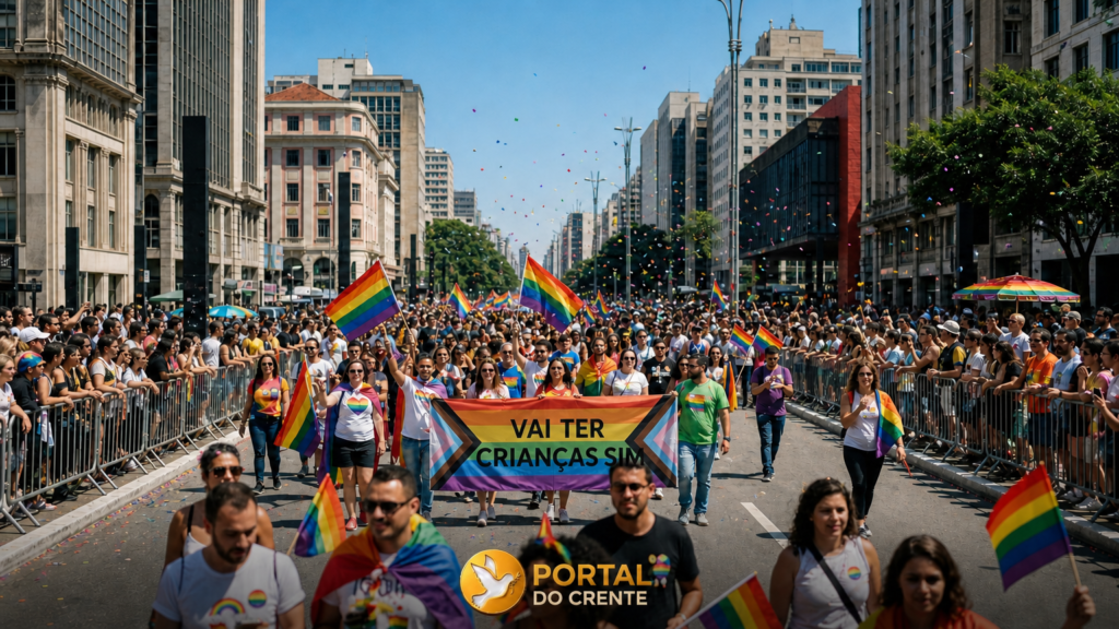 Imagem que retrata a insistência da esquerda em querer Crianças nas paradas LGBTQIA+