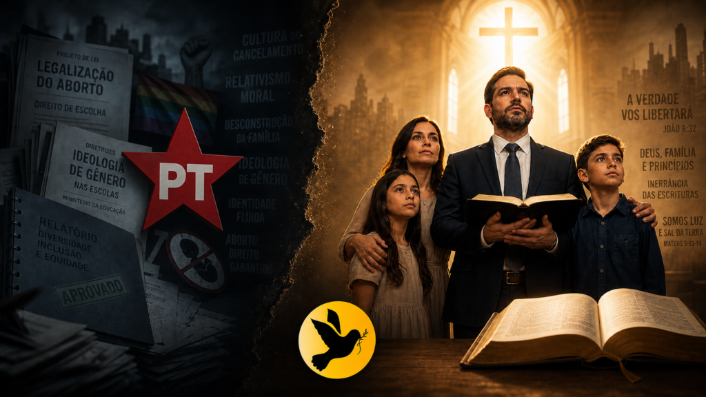 imagem realista que demonstra as incoerências entre a ideologia da esquerda e o evangelho. Voto evangélico sendo disputado em 2026