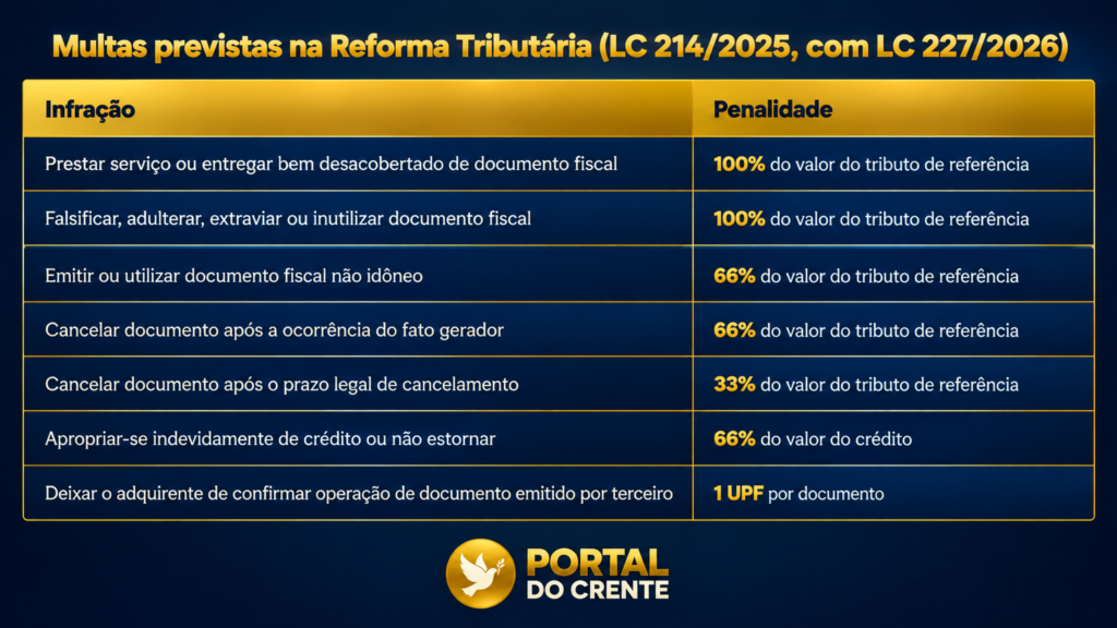 tabela com as penalidades aos que não respeitarem as novas regras inclusive sobre a emissão de nota fiscal